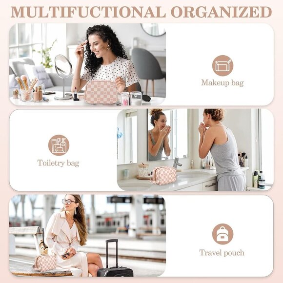 Small Personalized Make up Bag With Checkered Makeup Travel Bag Wide-open Pouch - Picture 7 of 7